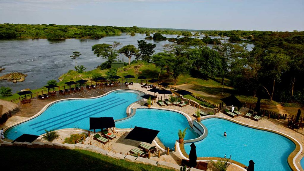 A view of the swimming pool area at Chobe Safari Lodge, Murchison Falls National Park.
