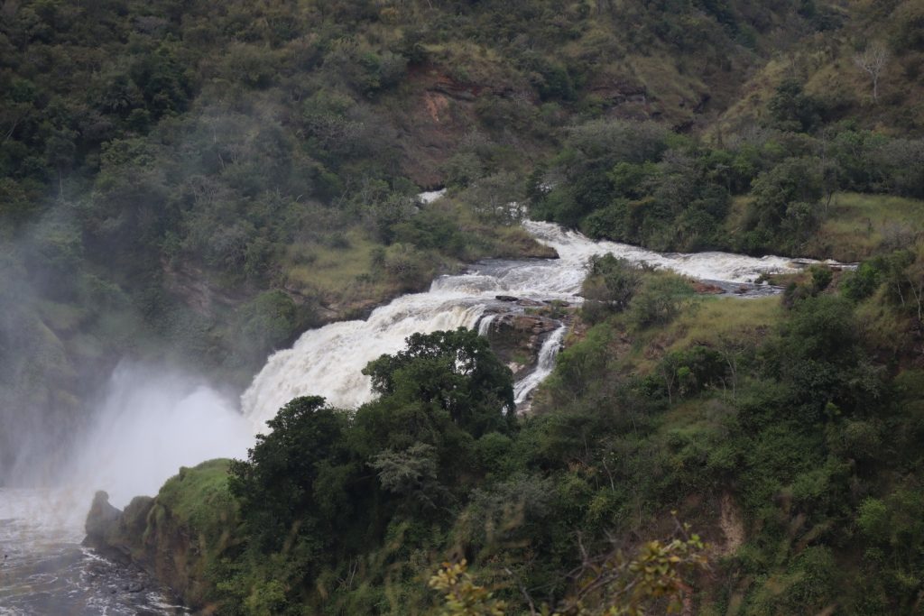 A distant view of Murchison Falls which is along the Albert Nile within the park.