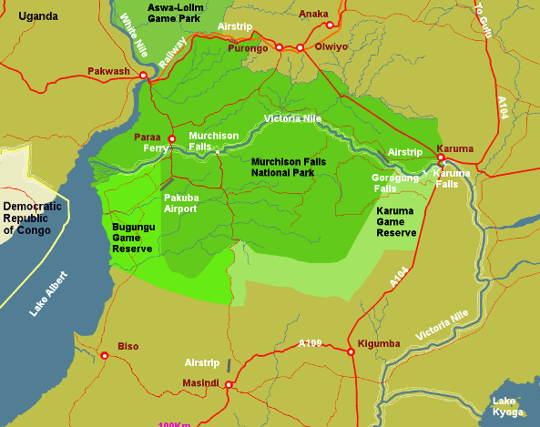 A sketch map showing the size of Murchison Falls National Park.