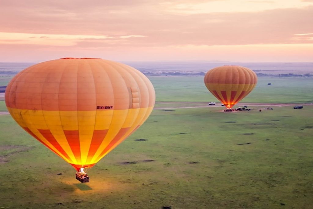 Hot air balloons getting ready to take off, as part of a hot air balloon safari in Murchison Falls National Park