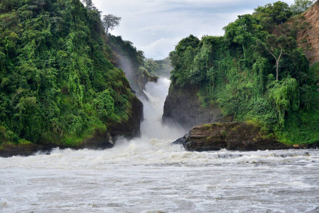 A closer view of the gushing Murchison Falls, along the Nile that divides the park to form the two Murchison Falls sections.